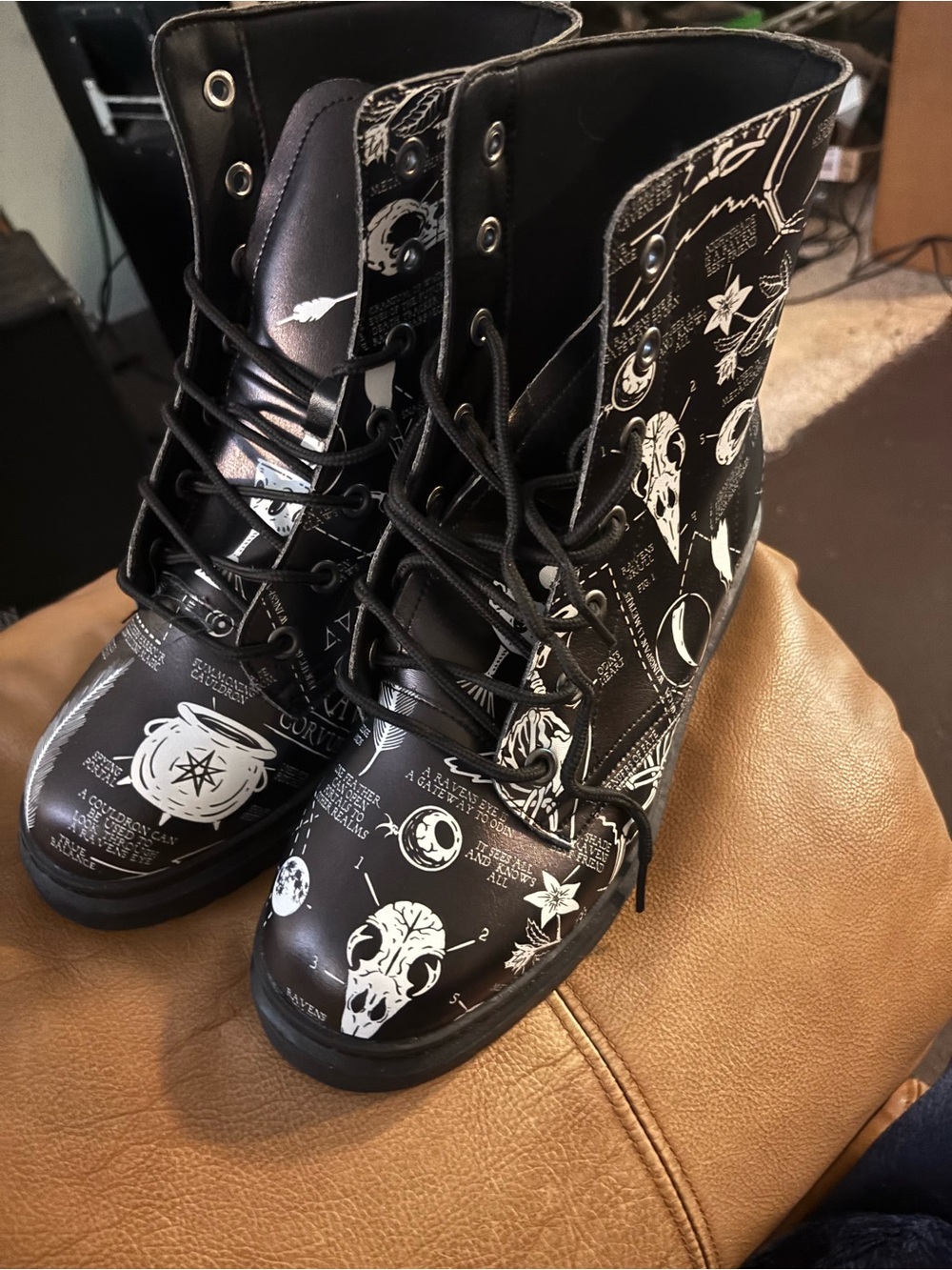 Black Graphic Lace-Up Combat Boots - Women's